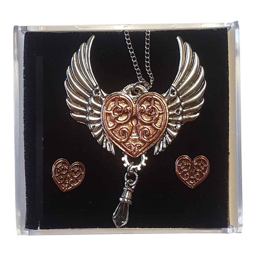 Valkyrie Heart (ENS1) Steampunk Pendant Necklace and Earrings Gift Set