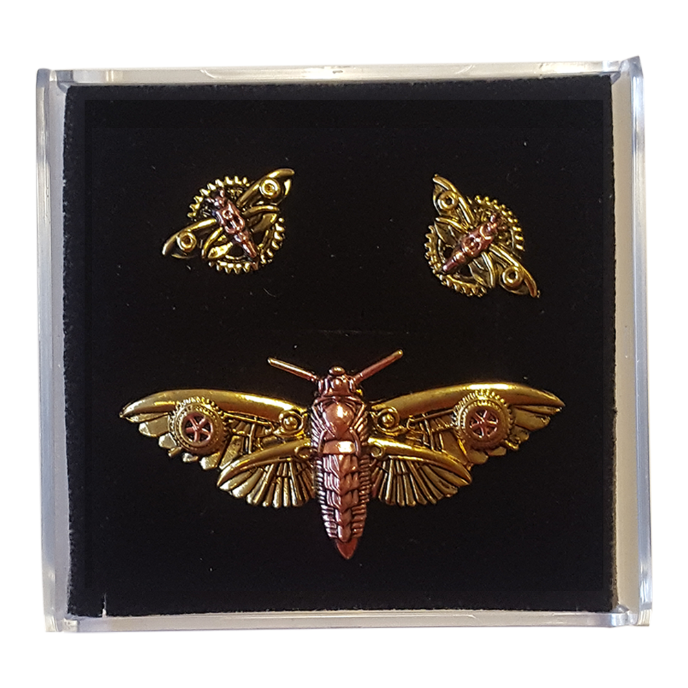 Magradore's Moth (ENS6) Steampunk Brooch and Earrings Gift Set