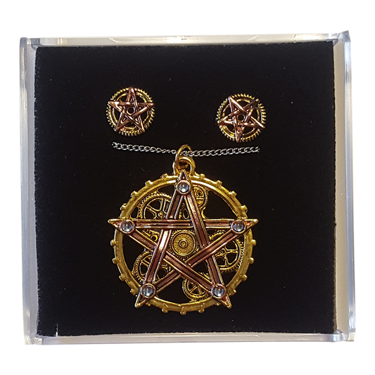 Penta Merida (ENS3) Steampunk Pendant Necklace and Earrings Gift Set