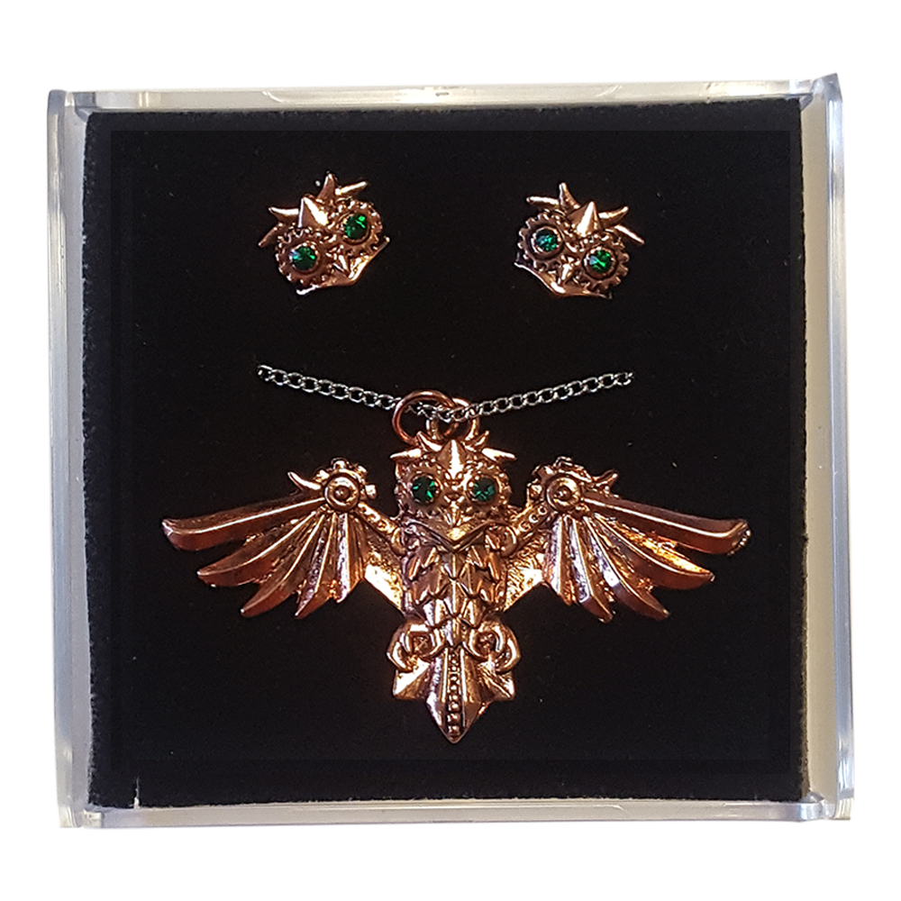 Aviamore Owl (ENS4) Steampunk Pendant Necklace and Earrings Gift Set