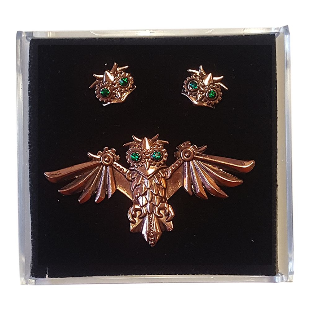 Aviamore Owl (ENS8) Steampunk Brooch and Earrings Gift Set